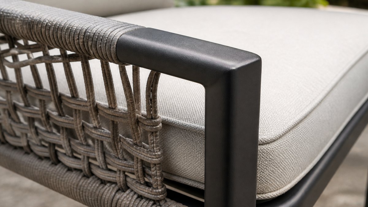 Close-up of high-quality outdoor furniture frame showing powder-coated steel or aluminum construction with hand-woven PE wicker details, demonstrating weatherproof materials and craftsmanship