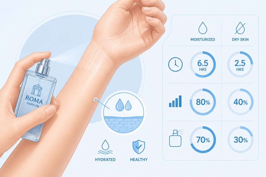 Close-up of a person's wrist and inner arm showing healthy, moisturized skin with a luxury fragrance bottle being applied in warm, natural lighting