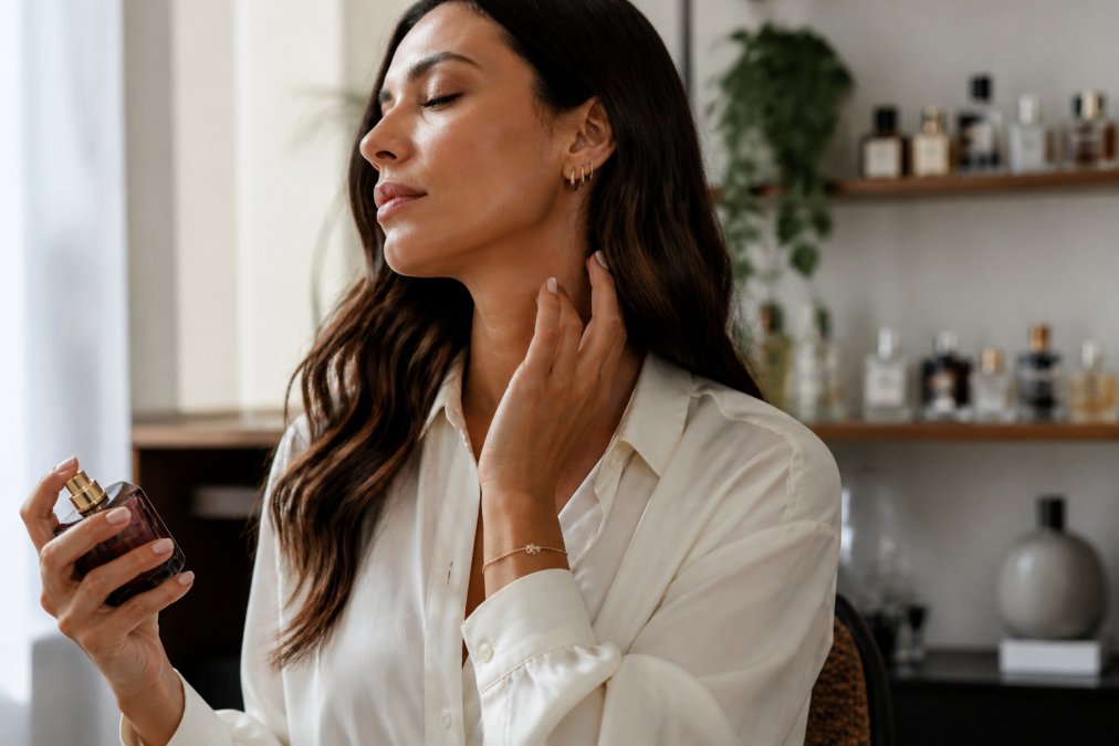 A person demonstrating proper fragrance application technique to pulse points on the neck, wrists, and behind ears, holding a luxury perfume bottle in soft, professional lighting