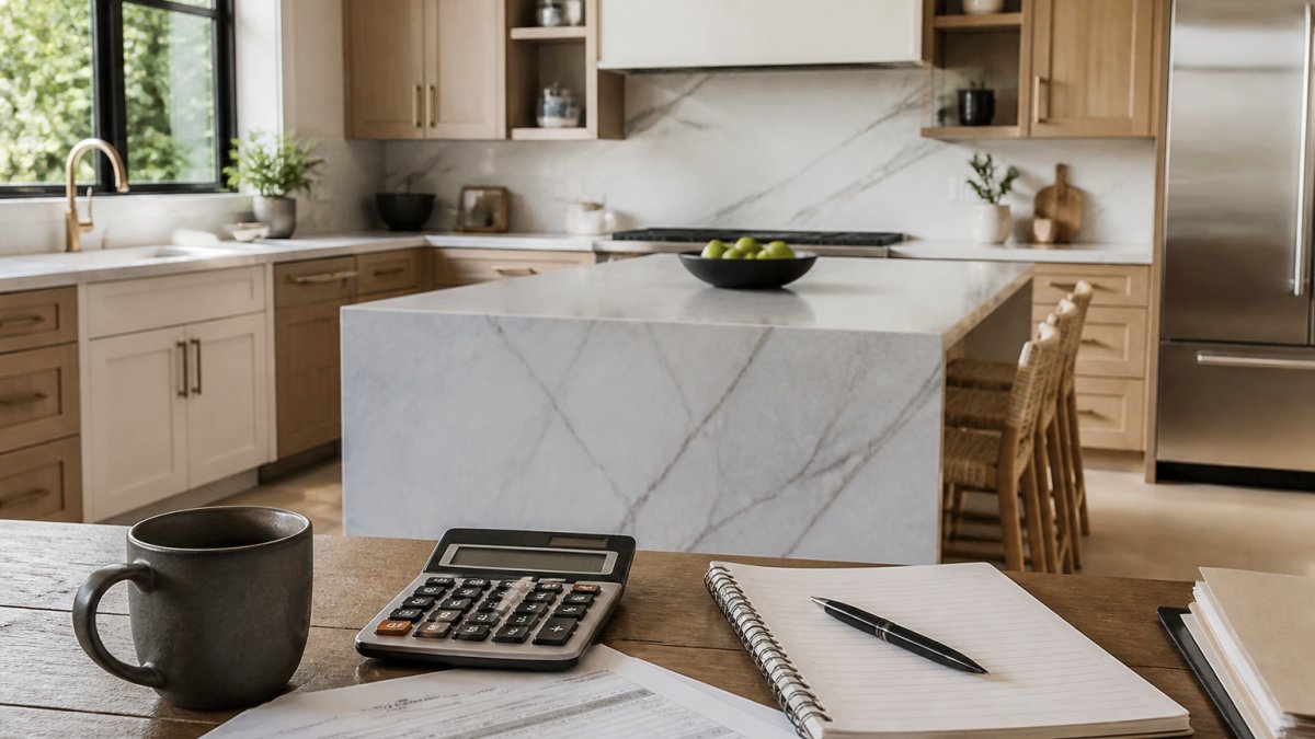 A spacious luxury kitchen with custom white oak cabinetry, a large marble waterfall island, and stainless steel appliances under bright natural window light