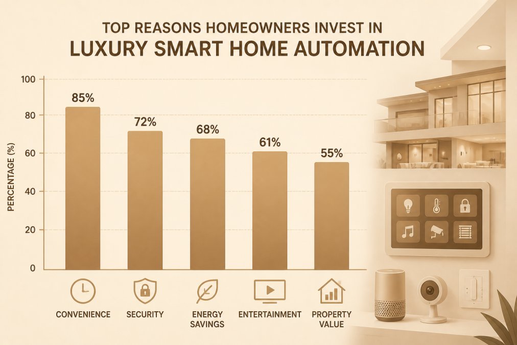 Bar chart showing the top reasons homeowners invest in luxury smart home automation, from convenience to property value.