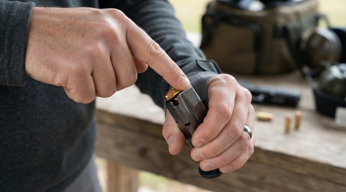 Shooter's hands demonstrating proper cartridge seating technique with 9mm rounds and magazine, showing correct finger positioning and alignment with the magazine spine