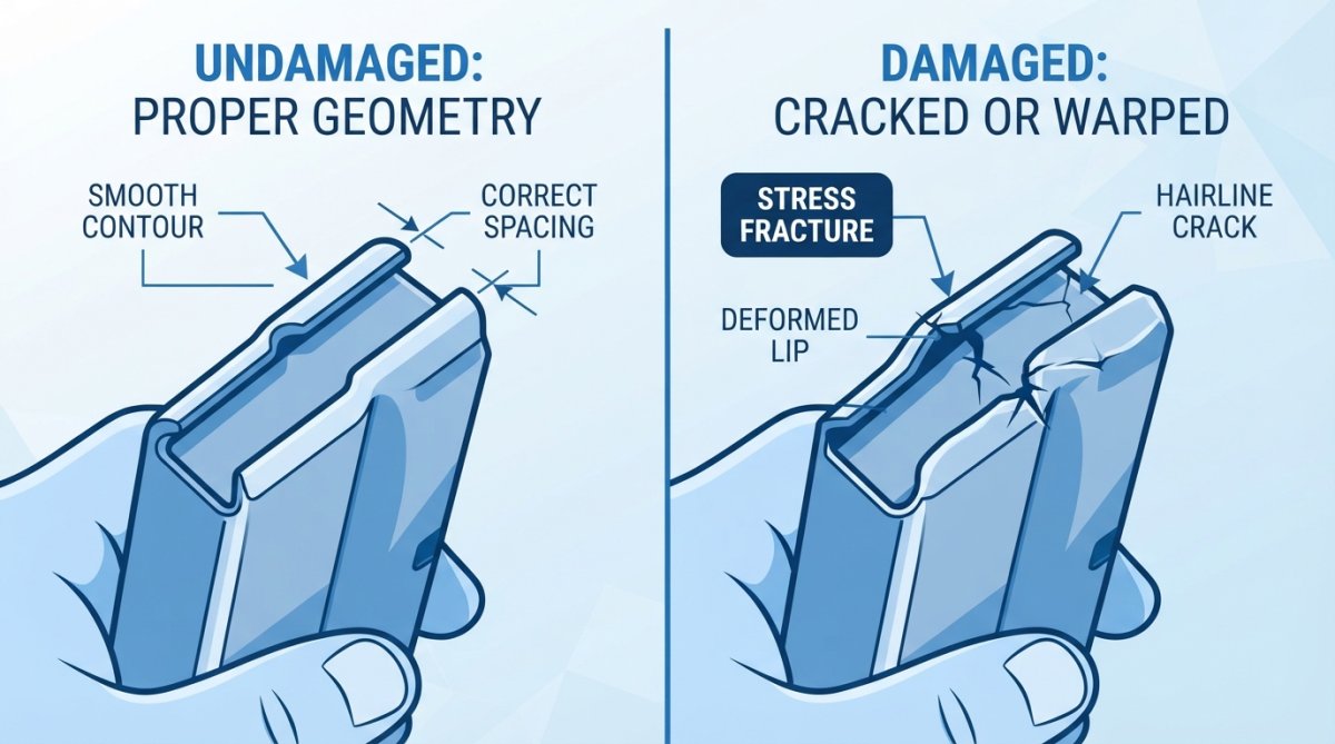 Close-up of hands comparing damaged and undamaged magazine feed lips side by side, showing visible stress fractures and deformation in natural daylight with clear detail of the feed geometry