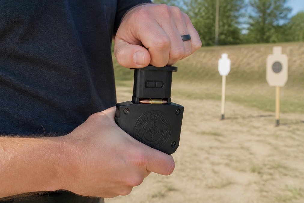 Hands demonstrating proper speed-loading technique on a 9mm magazine at an outdoor range, showing correct finger placement and controlled compression motion with natural daylight