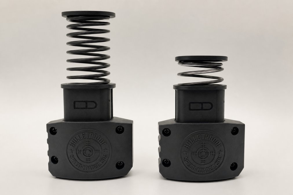 Close-up comparison showing a new tightly-wound magazine spring coil next to a worn, visibly flattened and loosened spring, photographed against a neutral background with clear lighting to show compression damage