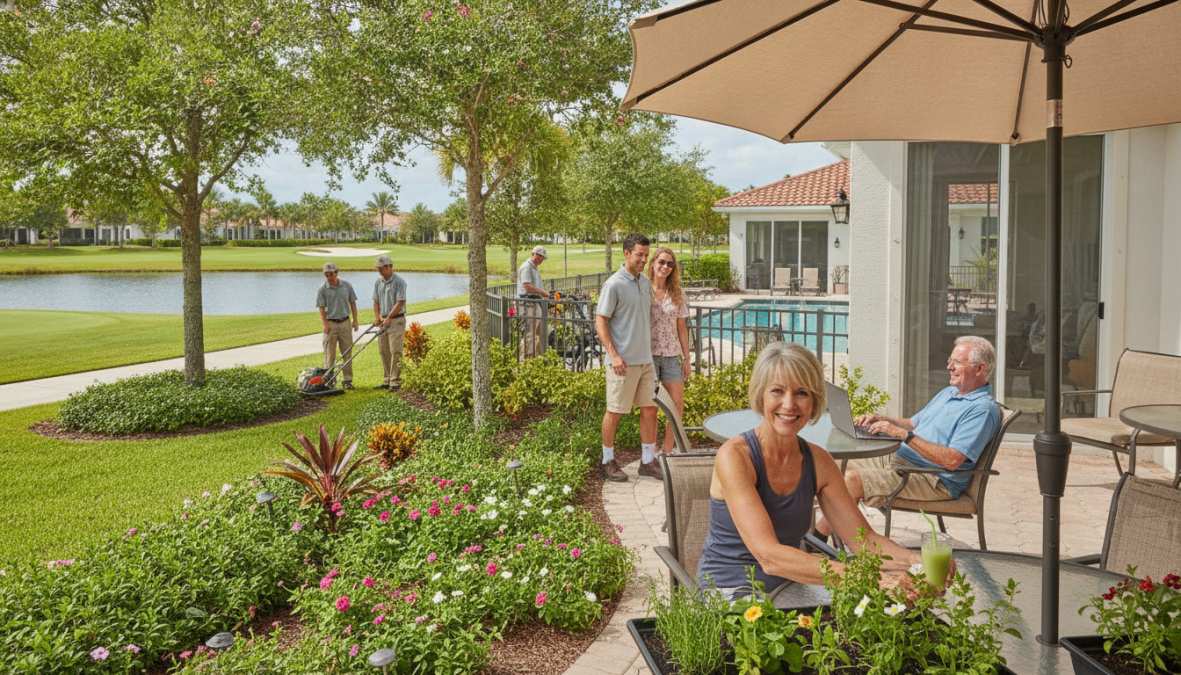 A relaxed resident in her 40s sitting beside a [resort-style pool](/apartments-with-resort-style-pool-boca/) surrounded by lush tropical landscaping on a bright Florida afternoon, reading a book with a glass of water on the armrest, soft sunlight filtering through palm fronds