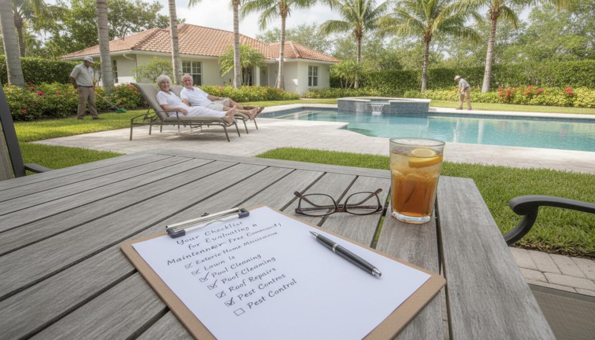 A couple in their late 30s walking through a beautifully maintained garden-style apartment community in Boca Raton on a sunny afternoon, smiling and pointing at tropical landscaping, palm trees and flowering plants visible in the background, warm golden-hour light