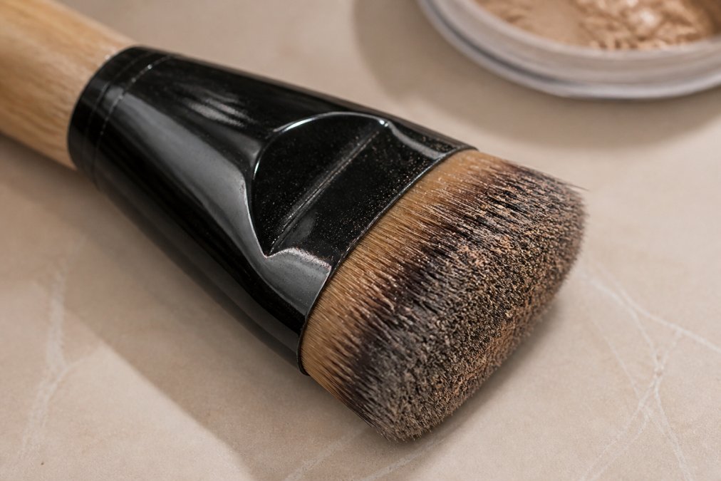 Close-up of makeup brush bristles showing dense fibre texture with visible makeup residue and discolouration on the bristle tips and ferrule
