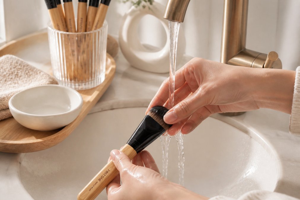 Hands holding a makeup brush under running warm water from a tap, fingers gently separating the bristles to rinse away makeup residue, with water streaming downward from the bristle tips