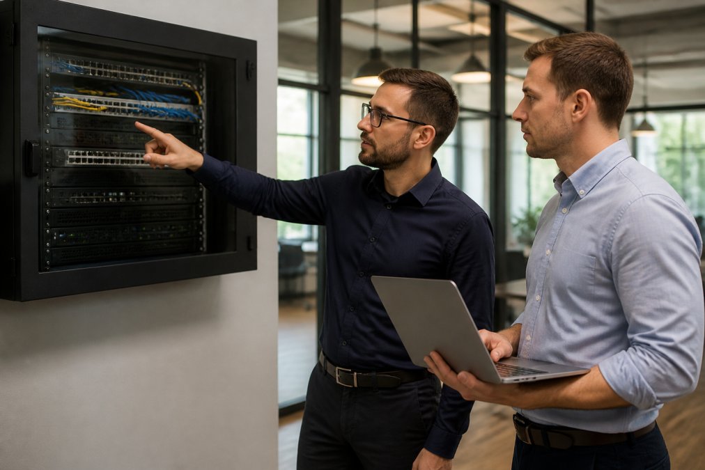 An IT manager pointing at a wall-mounted dashboard displaying green system status indicators while a colleague reviews a laptop in a modern office with natural light