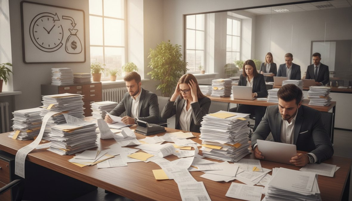 Business owner reviewing scattered paper invoices and documents on desk, looking frustrated with stacks of paperwork, natural office lighting