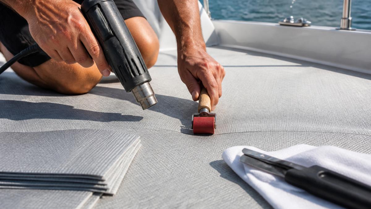Close-up of a technician's hands using a heat gun and roller tool to smooth out bubbles in marine vinyl flooring on a boat deck, with sunlight and water visible in the background