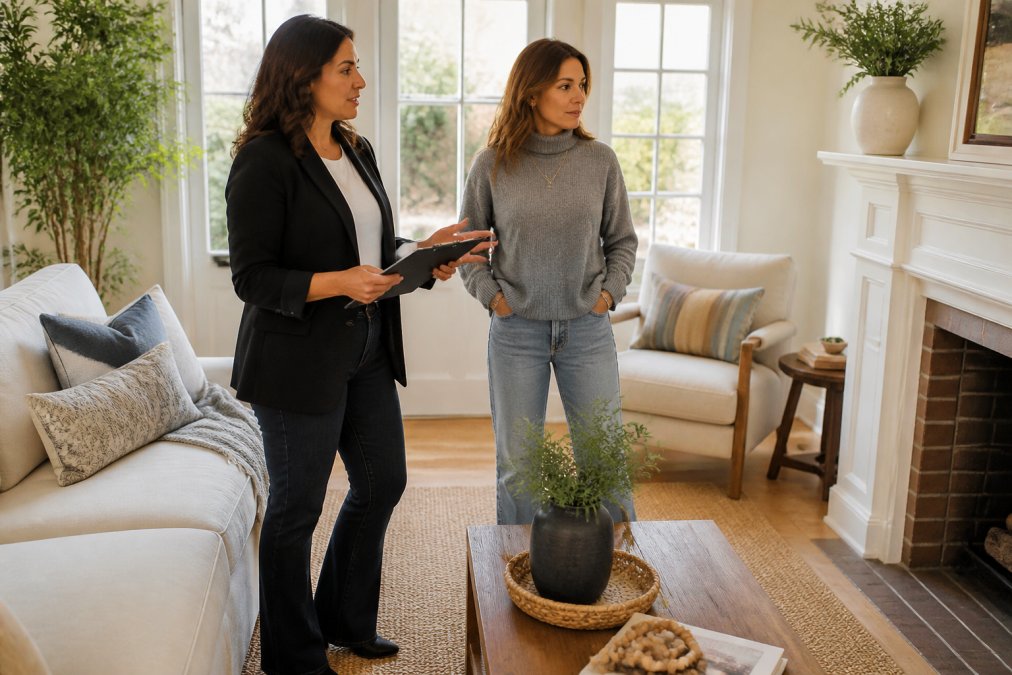 Real estate agent and homeowner discussing staging in a bright living room to navigate market conditions