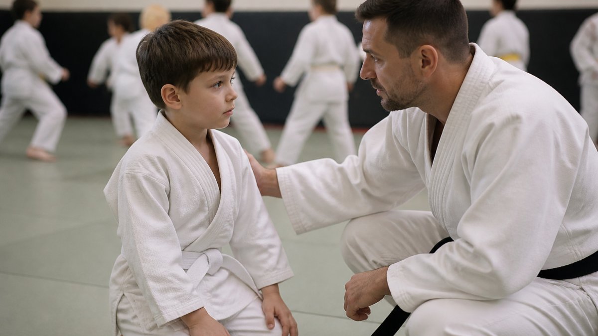 Martial arts instructor giving quiet encouragement to a shy student in a dojo, showing why martial arts helps with