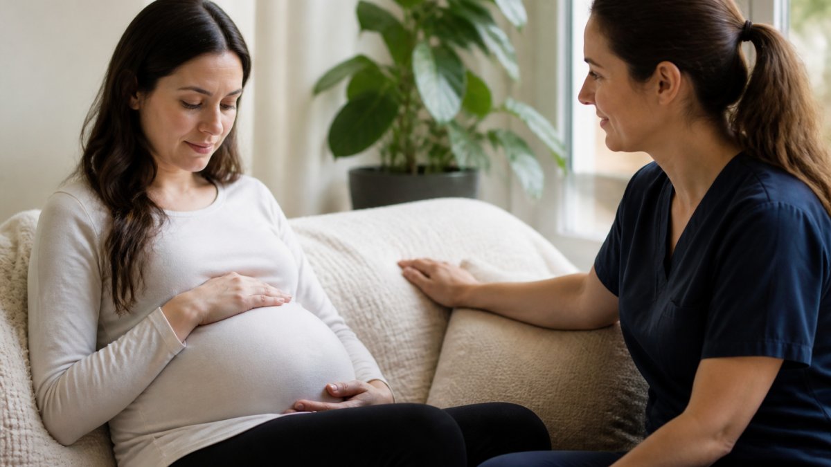 A pregnant woman sitting quietly in a softly lit room, one hand resting on her belly, looking calm and reflective, with a midwife seated nearby offering support