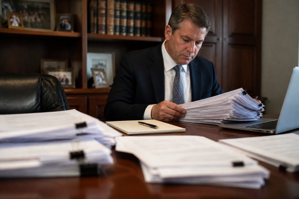 A legal professional reviewing a thick stack of medical records and documents at a wooden desk, with a laptop open and a notepad nearby in a dimly lit office