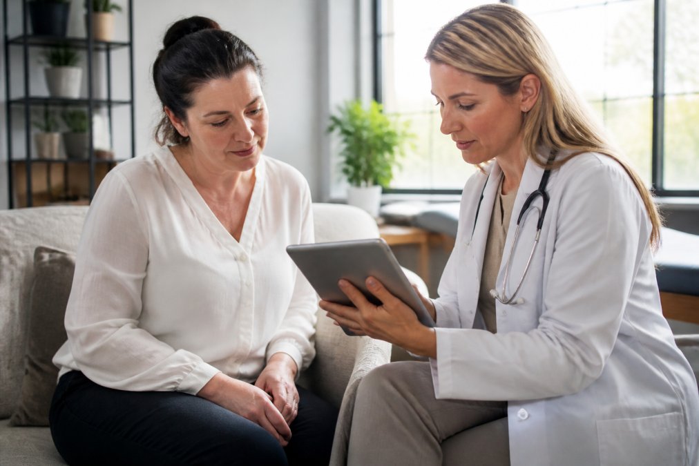 A physician in a white coat reviewing a tablet with a middle-aged female patient in a bright, modern consultation room