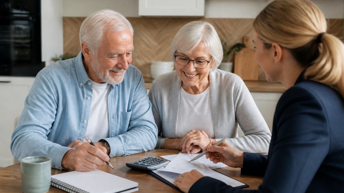 An elderly couple sitting at a kitchen table with a financial advisor, reviewing paperwork and a calculator, looking relieved and informed