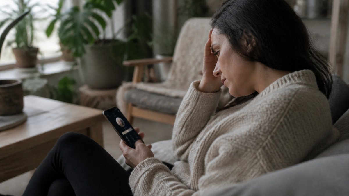 Person looking at smartphone with meditation app open, sitting in quiet space, showing hesitation or fatigue with the practice