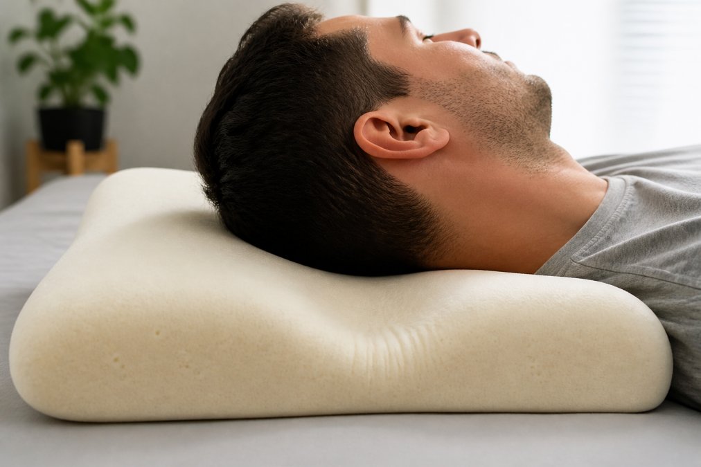 Close-up of a person's head and neck resting on a memory foam pillow, showing the indentation and compression in the foam where the head makes contact