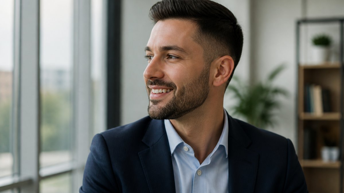 Man with fresh, well-groomed haircut showing healthy, polished appearance in professional setting with natural lighting