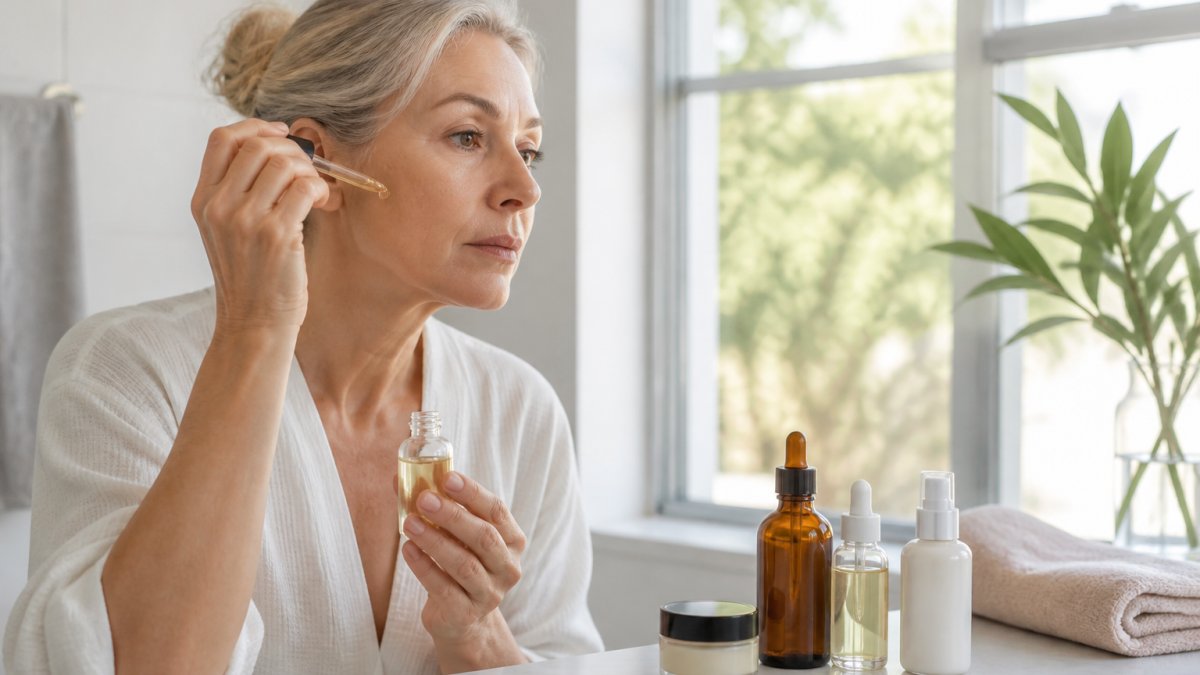 Woman in her 50s applying hydrating serum to her face in a bright, sunlit minimalist bathroom.