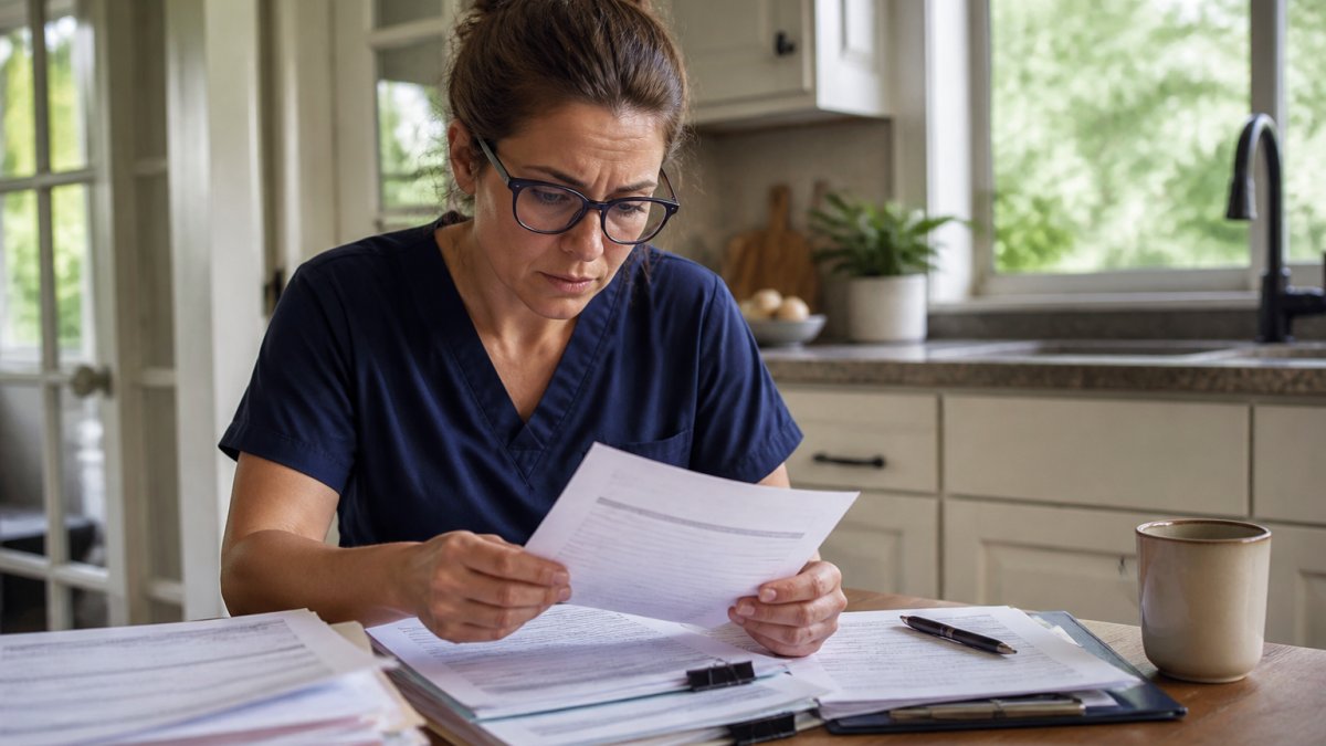 Practice manager reviewing a denial letter and explanation of benefits at a desk with medical records and a laptop nearby, natural office lighting
