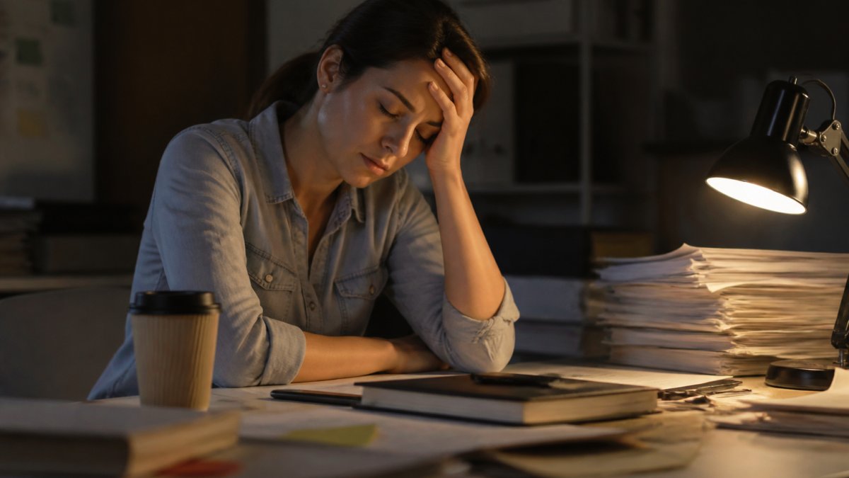 Tired office worker slumped at a desk in a dimly lit room, reflecting the impact of chronic stress on mental wellness.