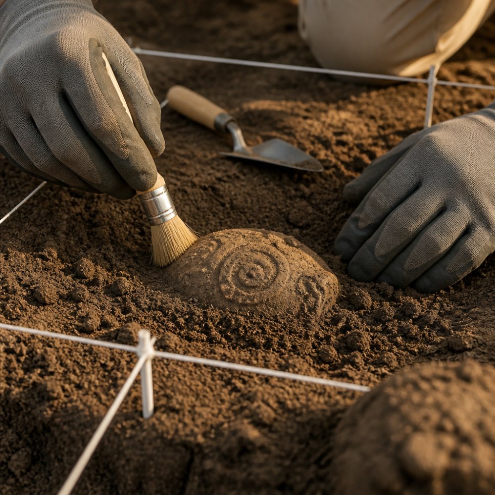 A metal detectorist's gloved hands carefully brushing dirt away from a partially buried historical artifact, with a trowel and grid strings visible in the background, warm afternoon light