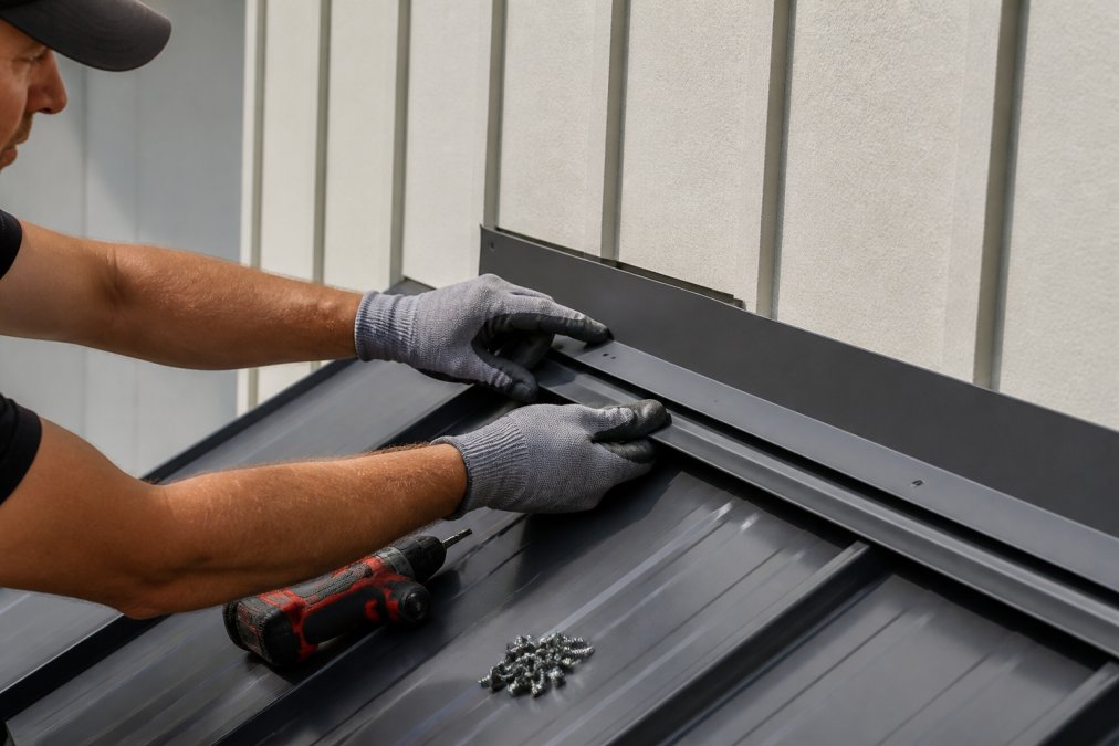 Professional roofer's hands installing Z-trim flashing on standing seam metal roof, positioning the upper flange under the roof panel with proper alignment and fastener holes visible