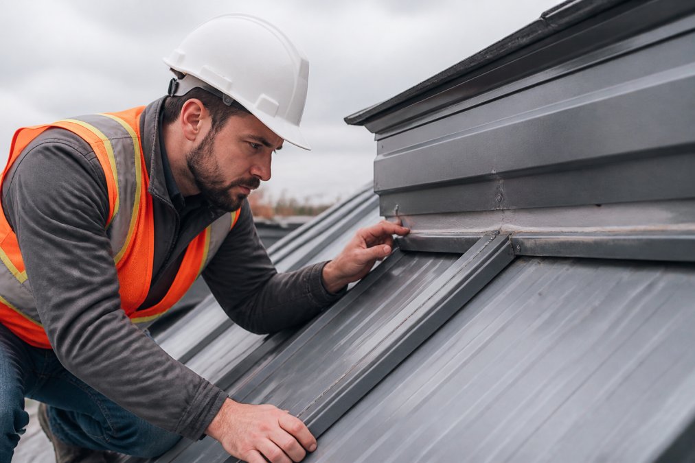 Professional roofer conducting detailed inspection of metal roof Z-bar flashing and transition points, checking for corrosion, sealant deterioration, and water damage with close visual examination