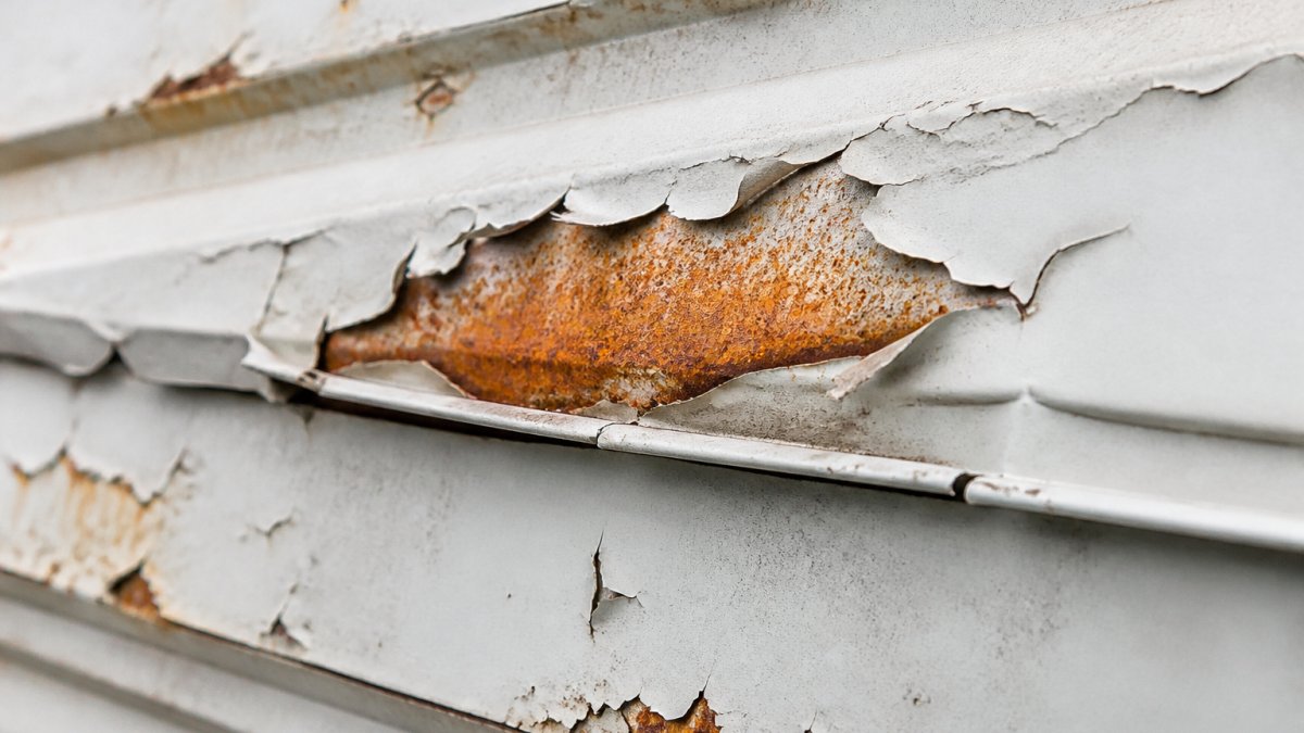 Close-up of metal siding showing peeling paint revealing rust spots and orange corrosion underneath, with flaking white paint curling away from the substrate in natural daylight