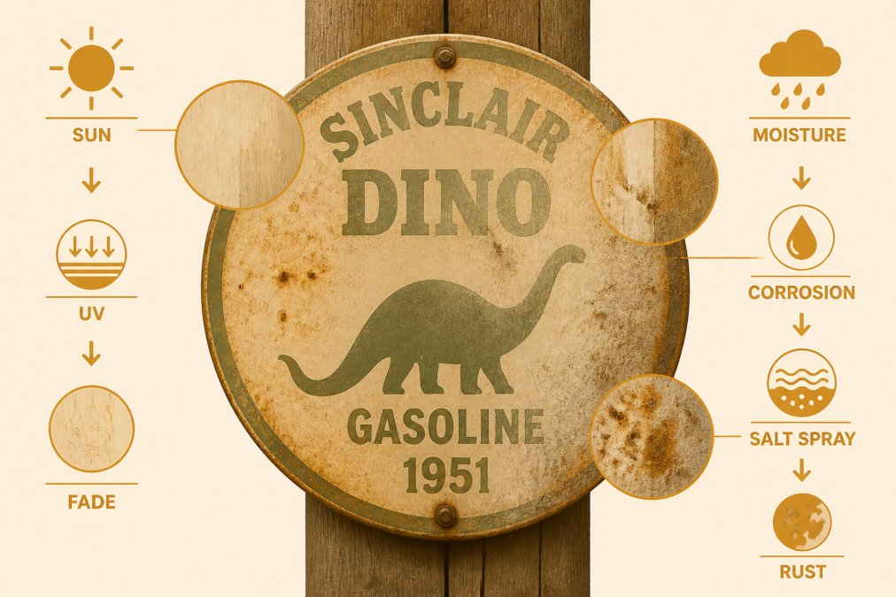 Close-up of a weathered metal sign mounted outdoors showing visible fading, rust spots, and discoloration from prolonged sun exposure, moisture damage, and salt spray in coastal lighting