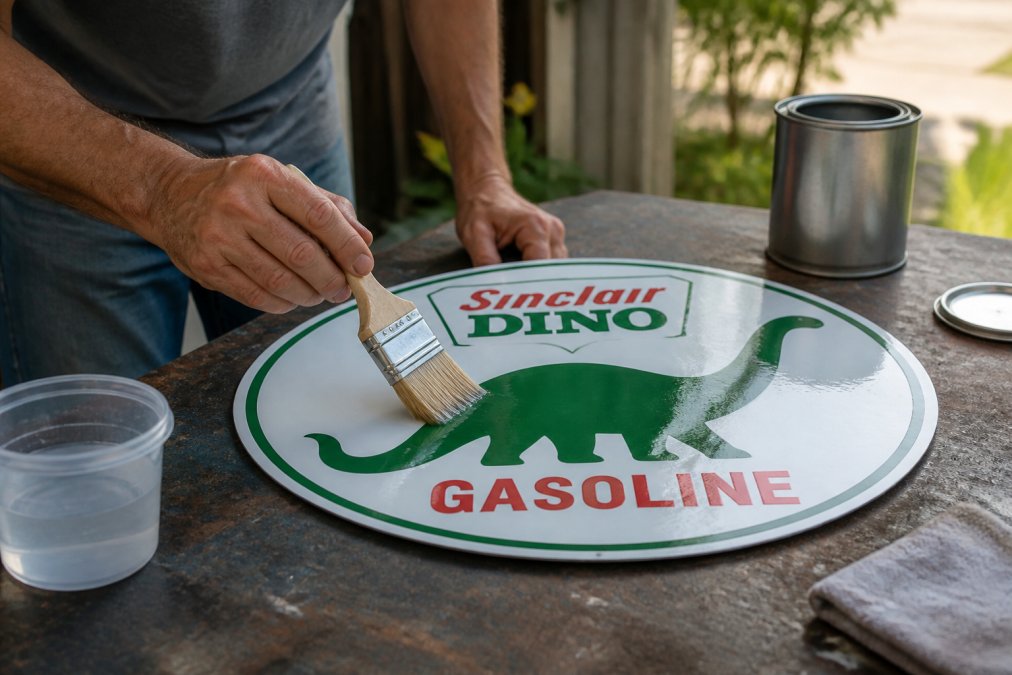 Hands applying clear protective coating with a brush to a metal sign surface in natural outdoor lighting, demonstrating the sealant application process