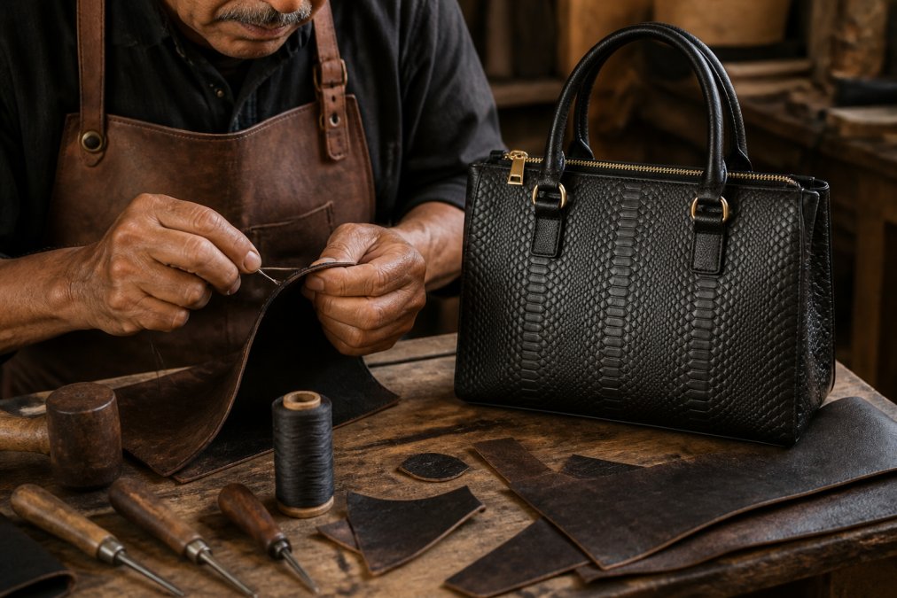 Artisan's weathered hands stitching leather with traditional needle and waxed thread on a wooden workbench, with hand-tools and leather scraps visible in soft natural light