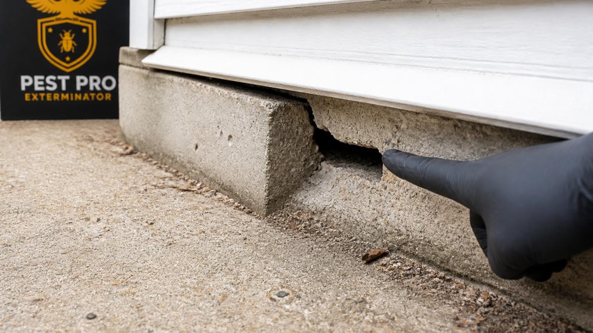 Close-up of foundation cracks and gaps around a home's exterior concrete, showing weathered edges and small openings where rodents could enter during cold weather