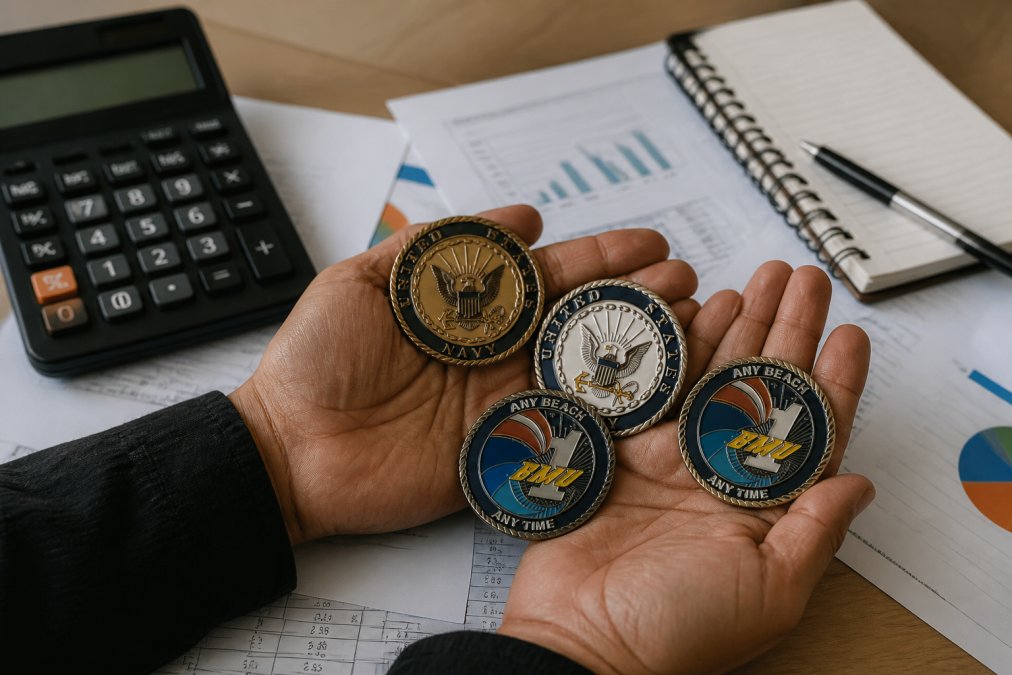 Close-up of hands holding multiple military challenge coins displaying different metal finishes including polished brass, antique bronze, and silver plating in natural daylight