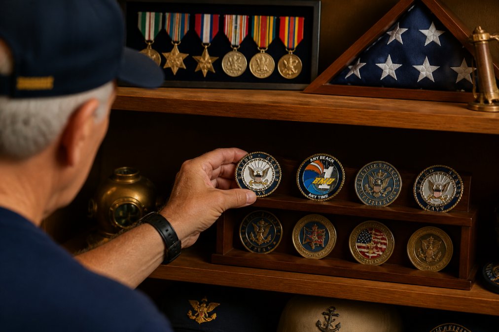Veteran displaying a curated collection of officially licensed Navy challenge coins arranged on a wooden display shelf with service medals and maritime memorabilia in warm indoor lighting