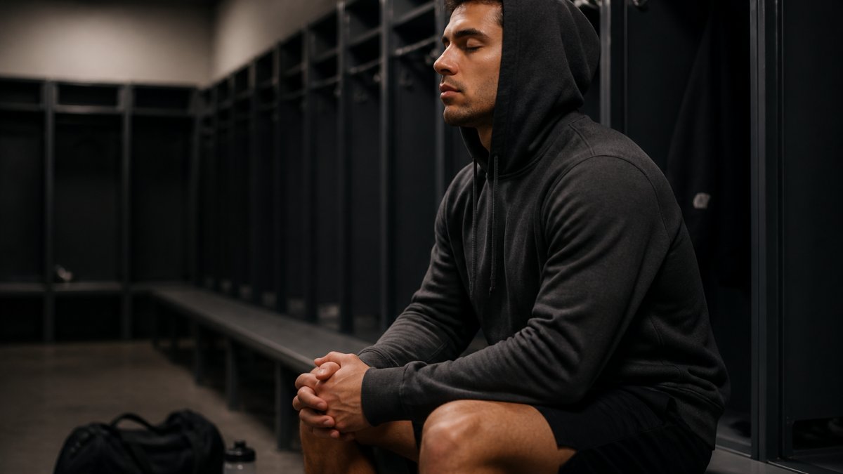 An athlete sitting alone in a quiet locker room, eyes closed, practicing visualization before a competition, wearing a hoodie, soft overhead lighting