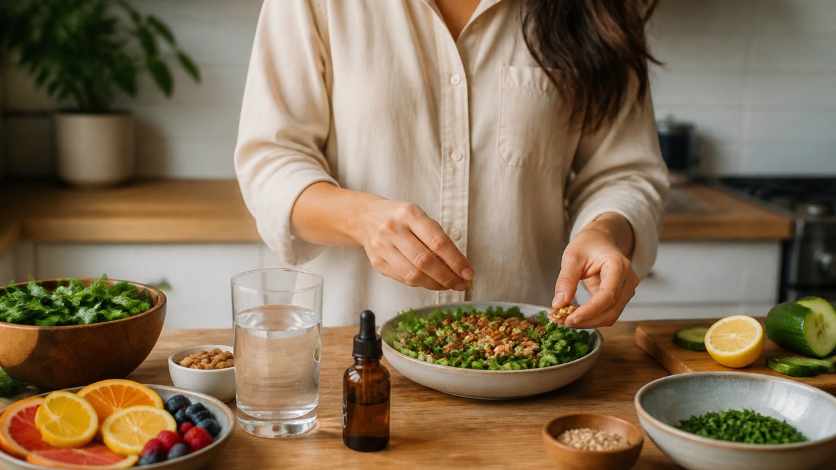 A person preparing a colorful meal with leafy greens, nuts, and citrus fruit on a wooden kitchen counter, with a glass of water and a small bottle of liquid mineral supplement nearby