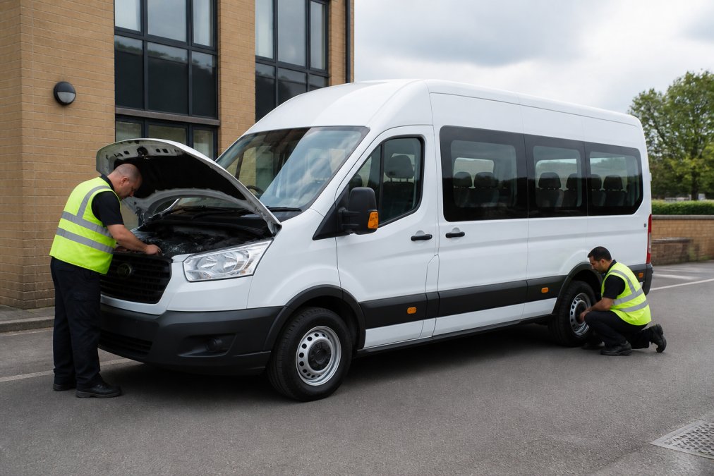 A well-maintained minibus parked outside an educational facility showing clean exterior and professional livery, with operations staff performing routine maintenance checks in daylight