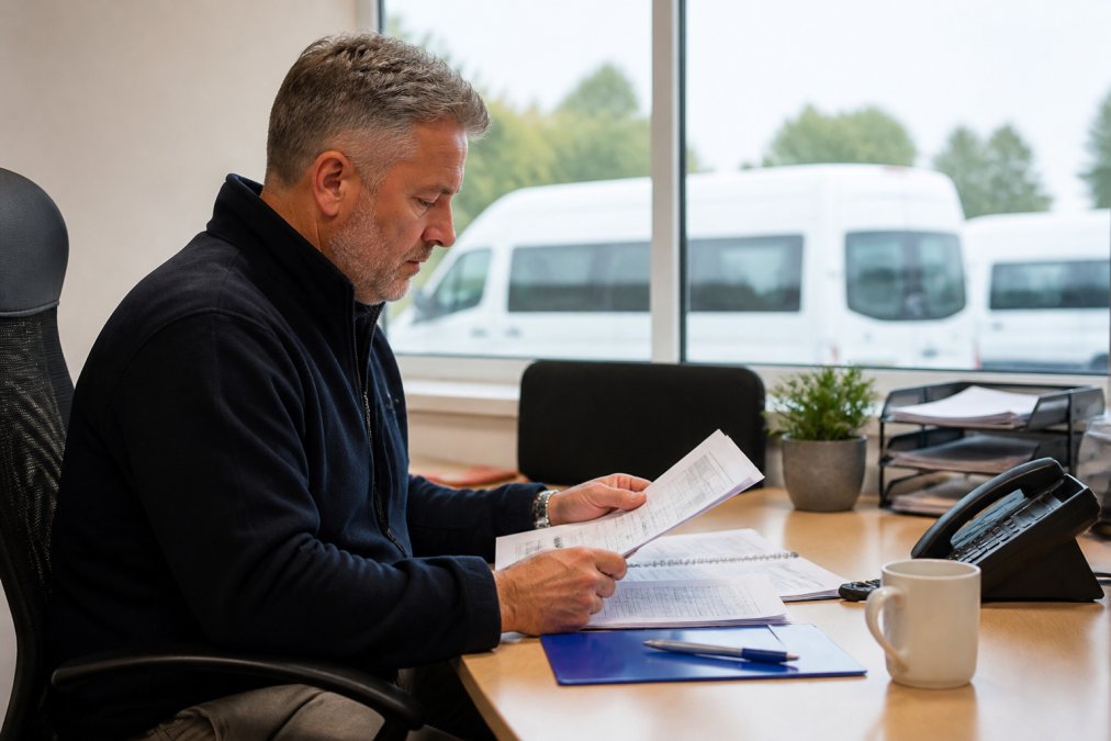 A fleet operations manager reviewing vehicle maintenance schedules and depreciation reports on a laptop in a modern office environment with natural lighting