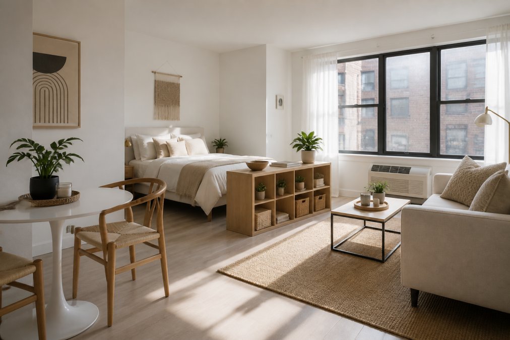 Compact studio apartment with clean-lined furniture arranged to define distinct zones, morning light streaming through large windows illuminating minimal décor and open floor space