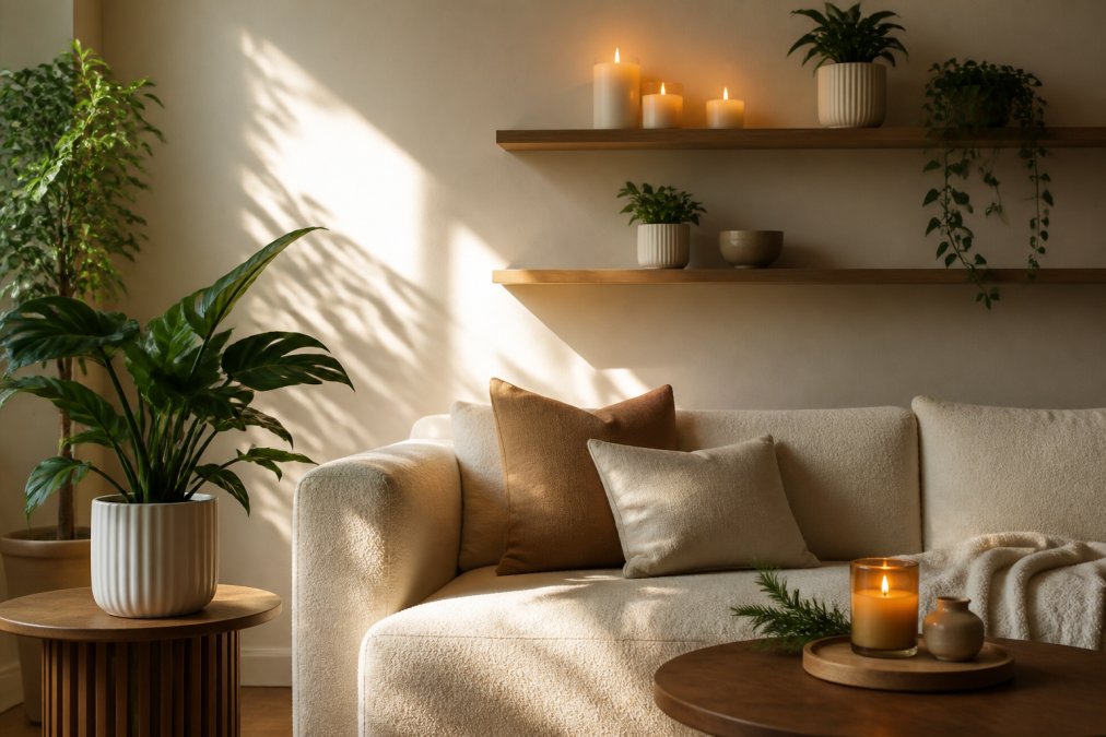 Serene minimalist living room with soft cream sofa, warm candlelight from elegant candles on floating shelves, lush potted plants in geometric planters, and natural afternoon sunlight creating gentle shadows on neutral walls