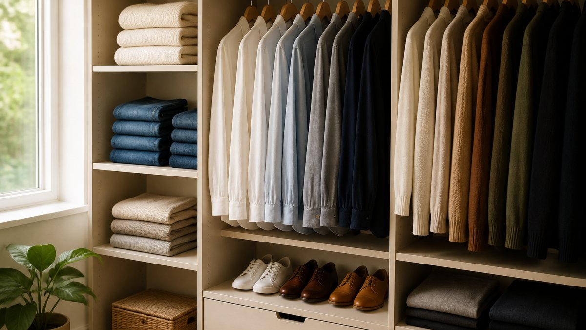 Neatly organized closet with neutral sweaters, folded denim, and shirts arranged by color on wooden hangers