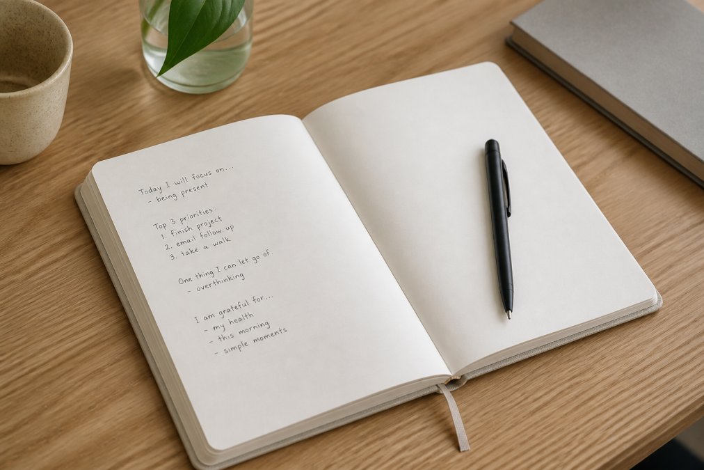Infographic flowchart showing how minimalist journals help focus through simple prompts and clear writing space.