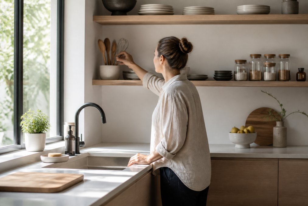 A person quickly locating a utensil from a minimalist organized sink area with clear storage shelves, natural morning light streaming through a window, counter space visibly clean with only essential items visible