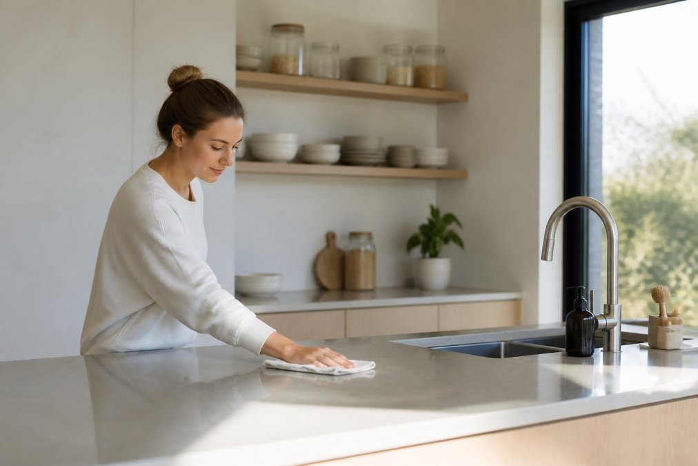 A person wiping down a minimalist kitchen counter in morning light, with organized storage shelves and minimal items visible in the background, showing a quick morning routine