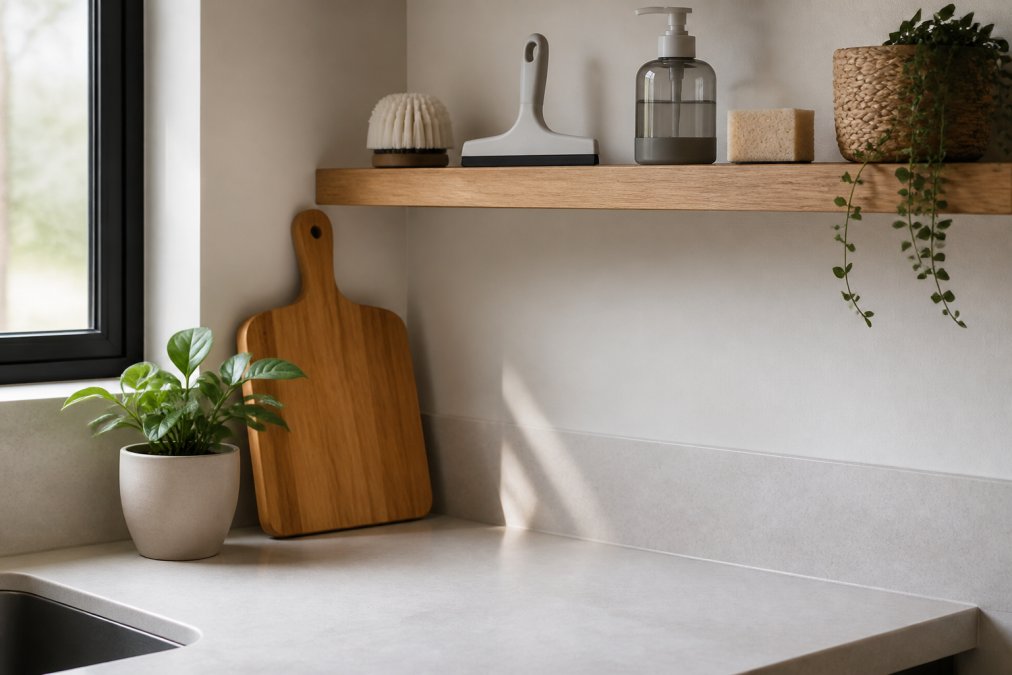 Compact kitchen counter with minimal clutter showing a few well-chosen multi-purpose cleaning tools neatly organised on a shelf, natural daylight streaming through a window