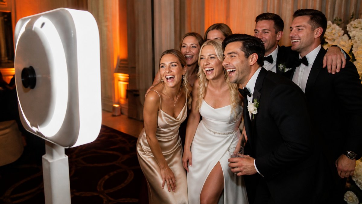 Elegantly dressed wedding guests laughing while posing for a photo in front of a sleek, glowing Minyma Booth.